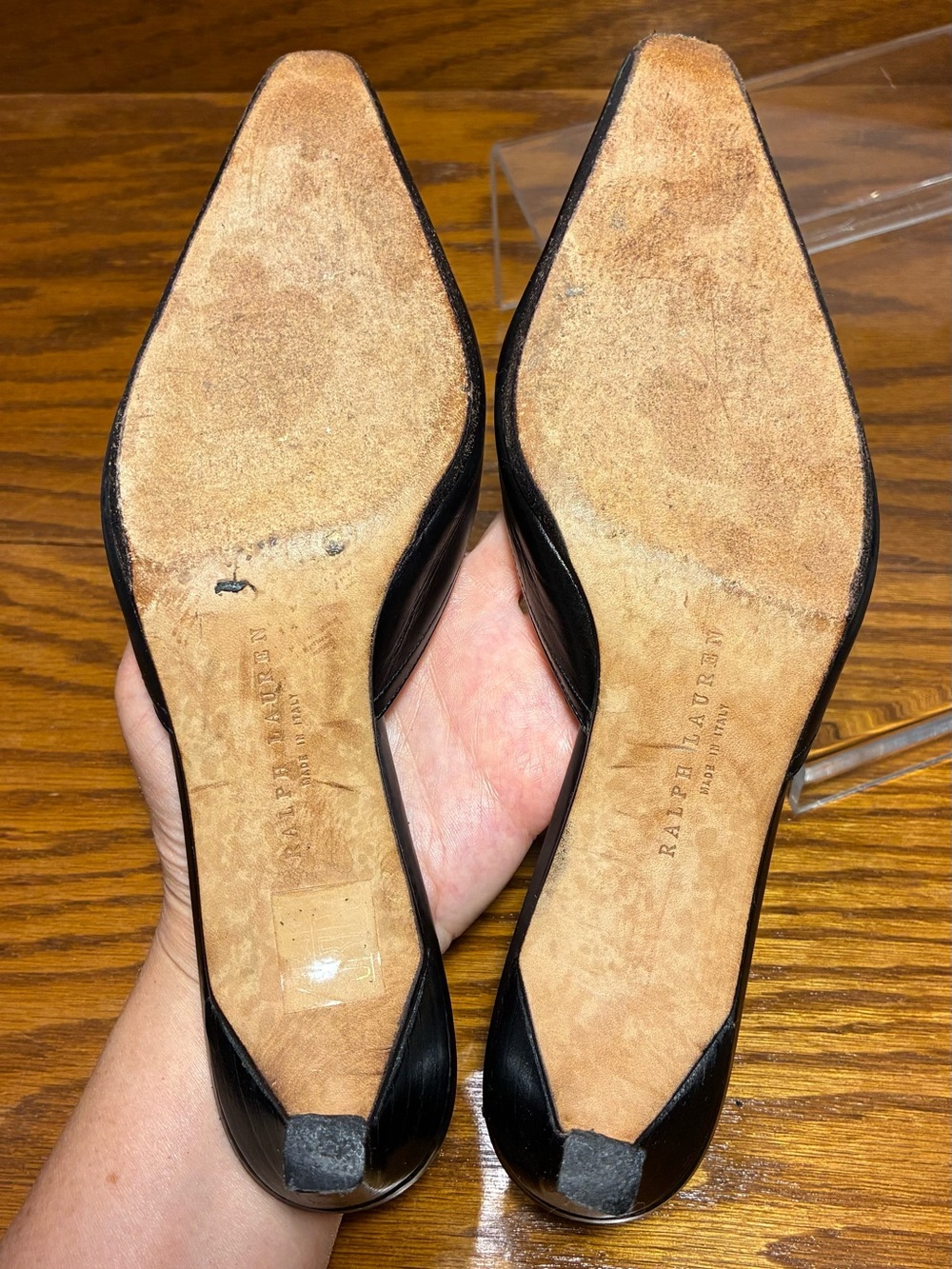 Y2K VTG Ralph Lauren ITALY MADE Perforated Toe Mary Jane Mules Black Leather 6 - Picture 8 of 16